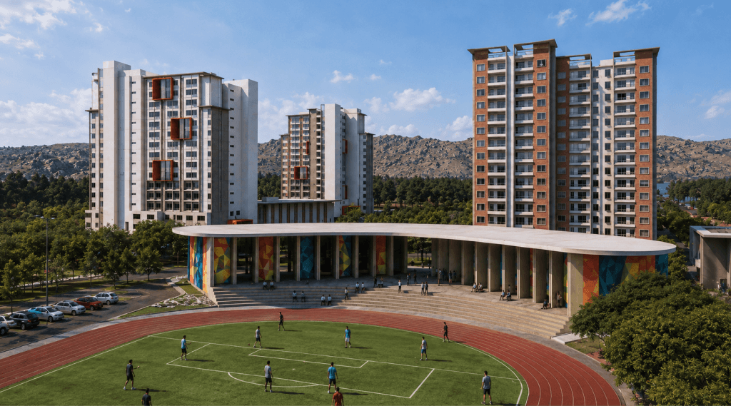 Residential towers and sports ground