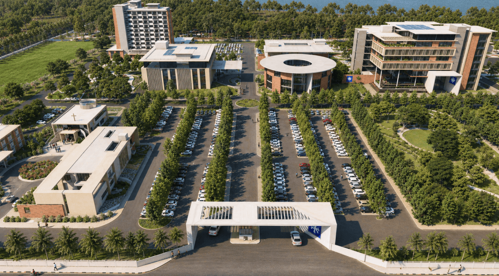 Campus buildings and parking