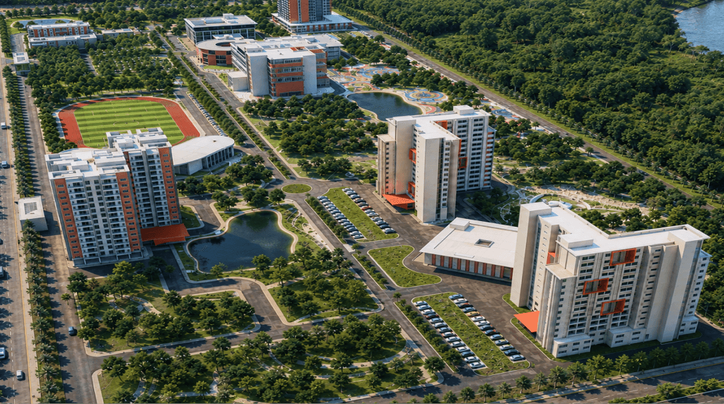 Wide aerial view of XLRI Amaravati